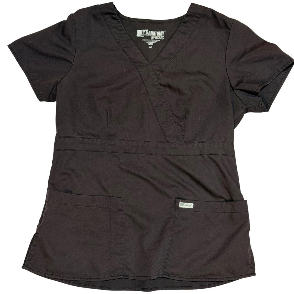 Greys Anatomy Scrub Top Womens Medium Black Poly Rayon Mock Wrap